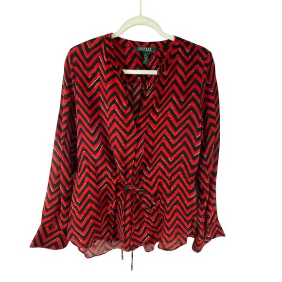 Lauren Ralph Lauren Red Black Chevron Blouse PL Long Sleeves Cotton Blend Office - Picture 1 of 9